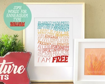 May include: A framed print with a colorful text design about the Enneagram type seven. The text reads "My capacity is unlimited, enjoyment and exploration creates a sense of abundance for myself and others. I want to make the world more delightful and can engage my own feelings and scope of meet others. My true presence and empathy are available to me whenever I need them. I am free."