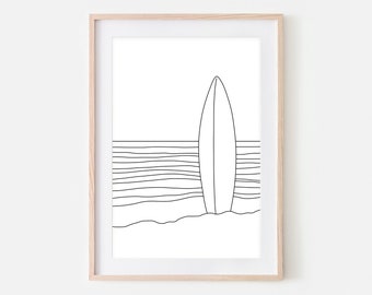 Surf Art, Surfboard Beach Line Art, Ocean Black and White Print, Surf Decor, Minimalist Wall Art Drawing, Downloadable Printable Poster