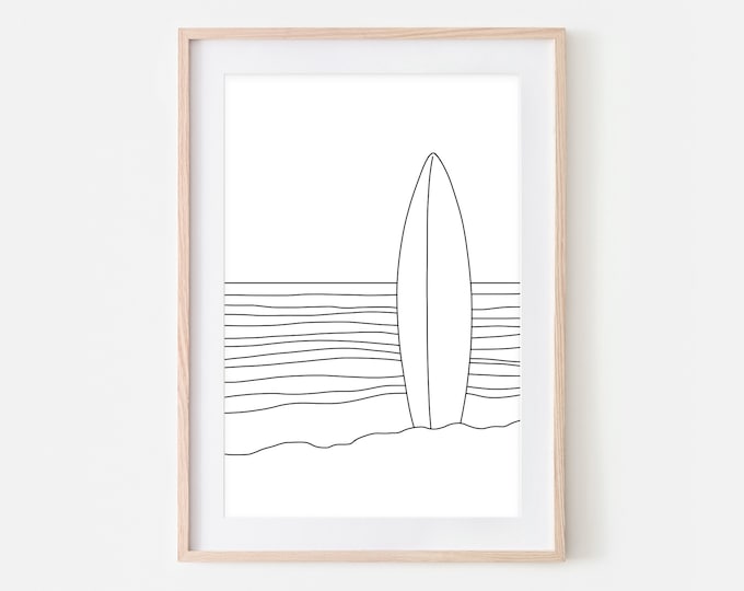 Surf Art Surfboard Beach Line Art Ocean Black and White - Etsy
