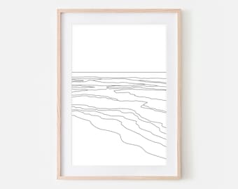 Abstract Beach Decor, Minimalist Coastal Wall Art, Landscape Line Drawing, Large Black and White Print Printable Digital Downloadable Poster