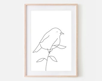 Bird on Branch Line Art Printable, Minimalist Drawing, Large Black and White Print, Nature Sketch, Simple Wall Decor, Digital Downloadable