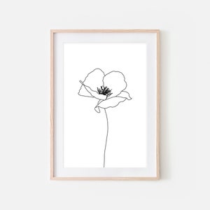 Poppy Wall Art Printable, Minimalist Poppy Flower Line Art, Large Floral Drawing, Black and White Print, Nature Boho Decor, Digital Download