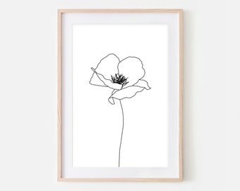 Mohnblume Wand Kunst zum ausdrucken, minimalistische Mohnblume Linie Kunst, große Blumenzeichnung, schwarz und weiß Druck, Natur Boho Dekor, digitaler Download