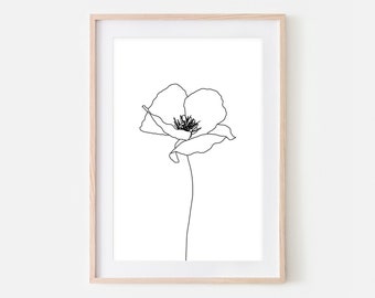 Poppy Wall Art Printable, Minimalist Poppy Flower Line Art, Large Floral Drawing, Black and White Print, Nature Boho Decor, Digital Download