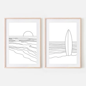 Set of 2 Beach Line Art Prints, Ocean Waves Sea Sunset Surf Surfboard, Tropical Coastal Black and White Wall Decor, Downloadable Printable