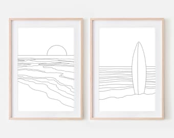 Set of 2 Beach Line Art Prints, Ocean Waves Sea Sunset Surf Surfboard, Tropical Coastal Black and White Wall Decor, Downloadable Printable