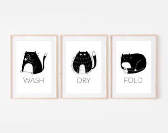 Set of 3 Tuxedo Cat Funny Laundry Room Decor, Wash Dry Fold Signs, Bathroom Wall Art, Black and White Prints, Printable Digital Download