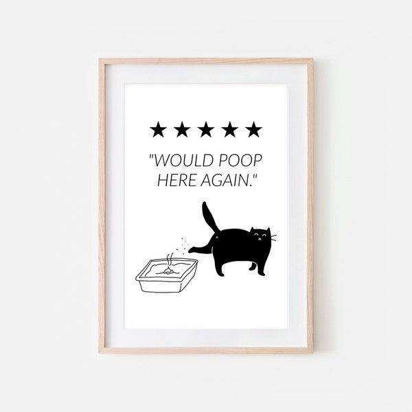 Would Poop Here Again Sign, Black Cat Funny Bathroom Wall Decor, Restroom Art, Black and White Line Drawing, Printable Downloadable Print