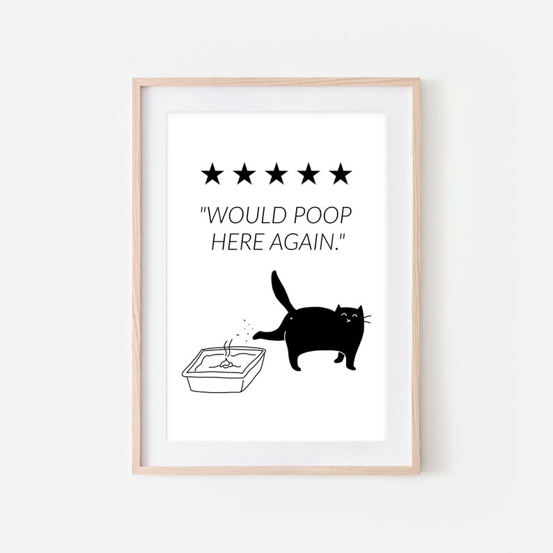 Would Poop Here Again Sign, Black Cat Funny Bathroom Wall Decor, Restroom Art, Black and White Line Drawing, Printable Downloadable Print image 1