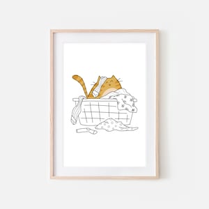 Orange Tabby Cat Funny Laundry Room Decor, Cute Ginger Cat in Dirty Clothes Basket Wall Art, Bathroom Print, Cat Drawing, Printable Download