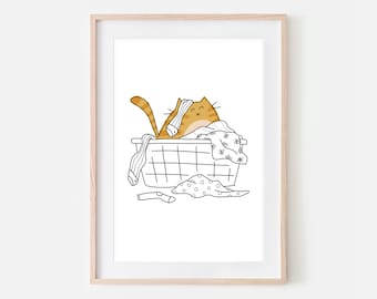 Orange Tabby Cat Funny Laundry Room Decor, Cute Ginger Cat in Dirty Clothes Basket Wall Art, Bathroom Print, Cat Drawing, Printable Download