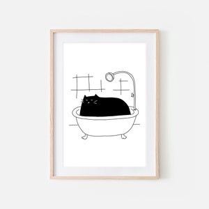 Black Cat Bath Art, Funny Bathroom Wall Decor, Cute Restroom Print, Fun Black and White Line Drawing, Large Printable, Digital Download