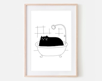 Black Cat Bath Art, Funny Bathroom Wall Decor, Cute Restroom Print, Fun Black and White Line Drawing, Large Printable, Digital Download