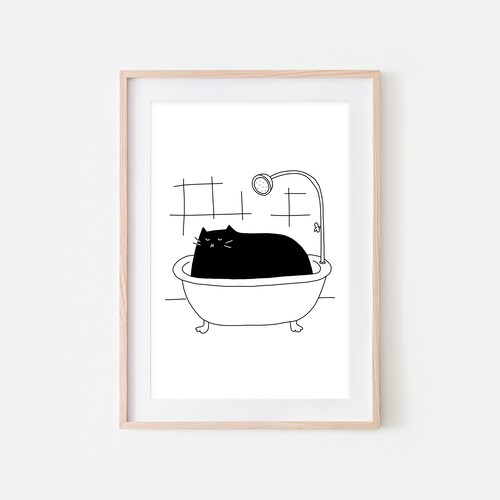 Black Cat Bath Art Funny Bathroom Wall Decor Cute Restroom Etsy