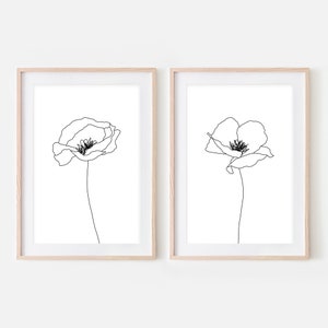 Set of 2 Poppy Line Art Printable, Minimalist Poppy Flower Wall Art, Floral Drawings, Black and White Downloadable Prints, Boho Nature Decor