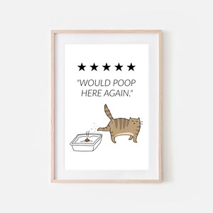 Puede incluir: Una impresión enmarcada en blanco con una calificación de cinco estrellas y el texto "Would poop here again." Se muestra un gato de dibujos animados haciendo sus necesidades en una caja de arena.