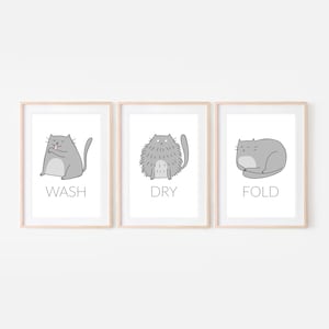 Lot de 3 décorations drôles de salle de lavage de chat gris, panneaux de pliage pour lavage à sec, art mural de salle de bain, tirages de buanderie, téléchargement numérique imprimable