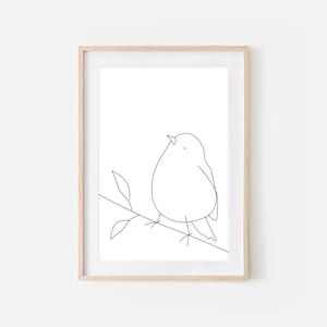 Bird on Branch Line Art Printable, Minimalist Drawing, Large Black and White Print, Nature Sketch, Simple Wall Decor, Digital Downloadable