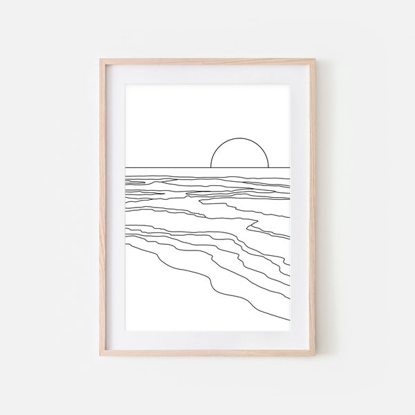 Sunset Beach Line Art, Abstract Ocean Landscape Drawing, Minimalist Coastal Wall Decor, Large Black and White Print, Printable Downloadable