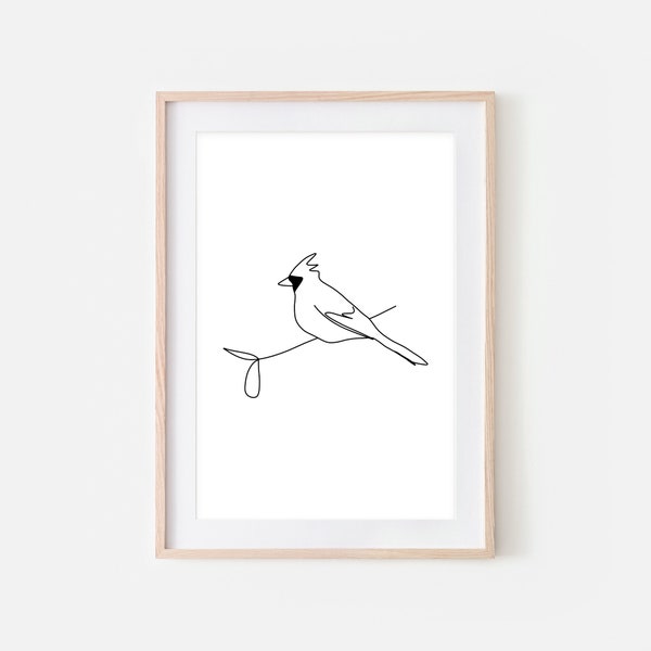 Cardinal Wall Art, Bird Line Drawing, Nature Black and White Print, Décoration murale minimaliste, Grand art imprimable, Affiche téléchargeable numérique