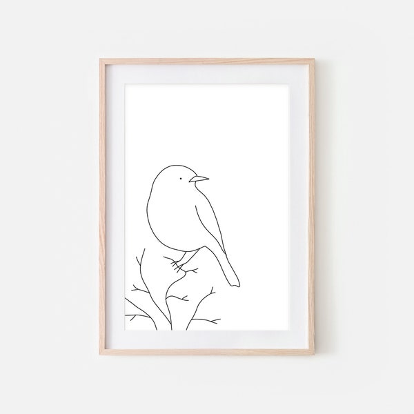 Bird on Branch Wall Art Printable, Minimalist Line Drawing, Large Black and White Print, Nature Sketch, Simple Decor, Digital Downloadable
