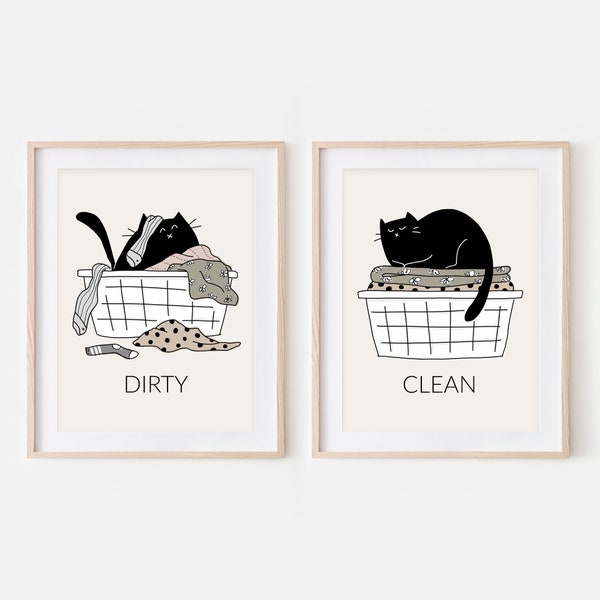 Set of 2 Black Cat Funny Laundry Room Decor, Laundry Basket Prints, Dirty Clean Signs, Bathroom Printable Wall Art, Digital Download