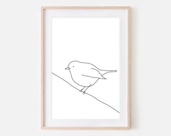 Vogel op een draadmuur kunst afdrukbaar, minimalistische lijntekening, zwart-wit print, natuurschets, eenvoudig wanddecor, digitaal downloadbaar