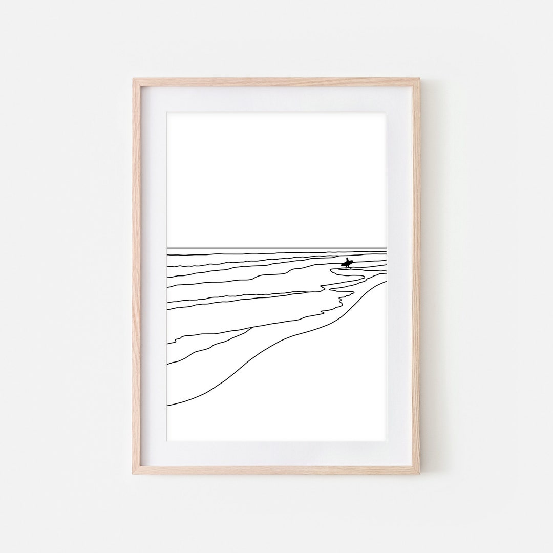 Surfer on Beach Line Art, Surfing Poster, Surf Decor, Ocean Black and ...
