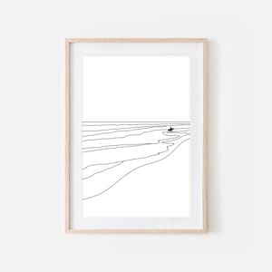 Surfer am Strand Linie Kunst, Surfen Poster, Surf Dekor, Ozean schwarz und weiß Wandkunst, herunterladbare Druck, druckbare minimalistische Zeichnung