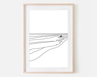 Surfer on Beach Line Art, Surfing Poster, Surf Decor, Ocean Black and White Wall Art, Downloadable Print, Printable Minimalist Drawing