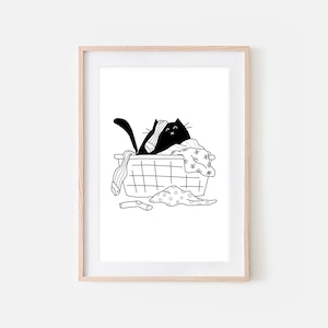 Gatto nero divertente lavanderia arredamento, gatto carino in vestiti sporchi cesto arte della parete, stampa bagno, disegno in bianco e nero, download stampabile