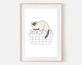 Siamese Cat Funny Laundry Room Decor, Cute Cat in Folded Clothes Basket Wall Art, Bathroom Print, Line Drawing, Printable Digital Download