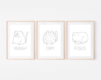 Set of 3 Tuxedo Cat Funny Laundry Room Decor, Wash Dry Fold Signs ...