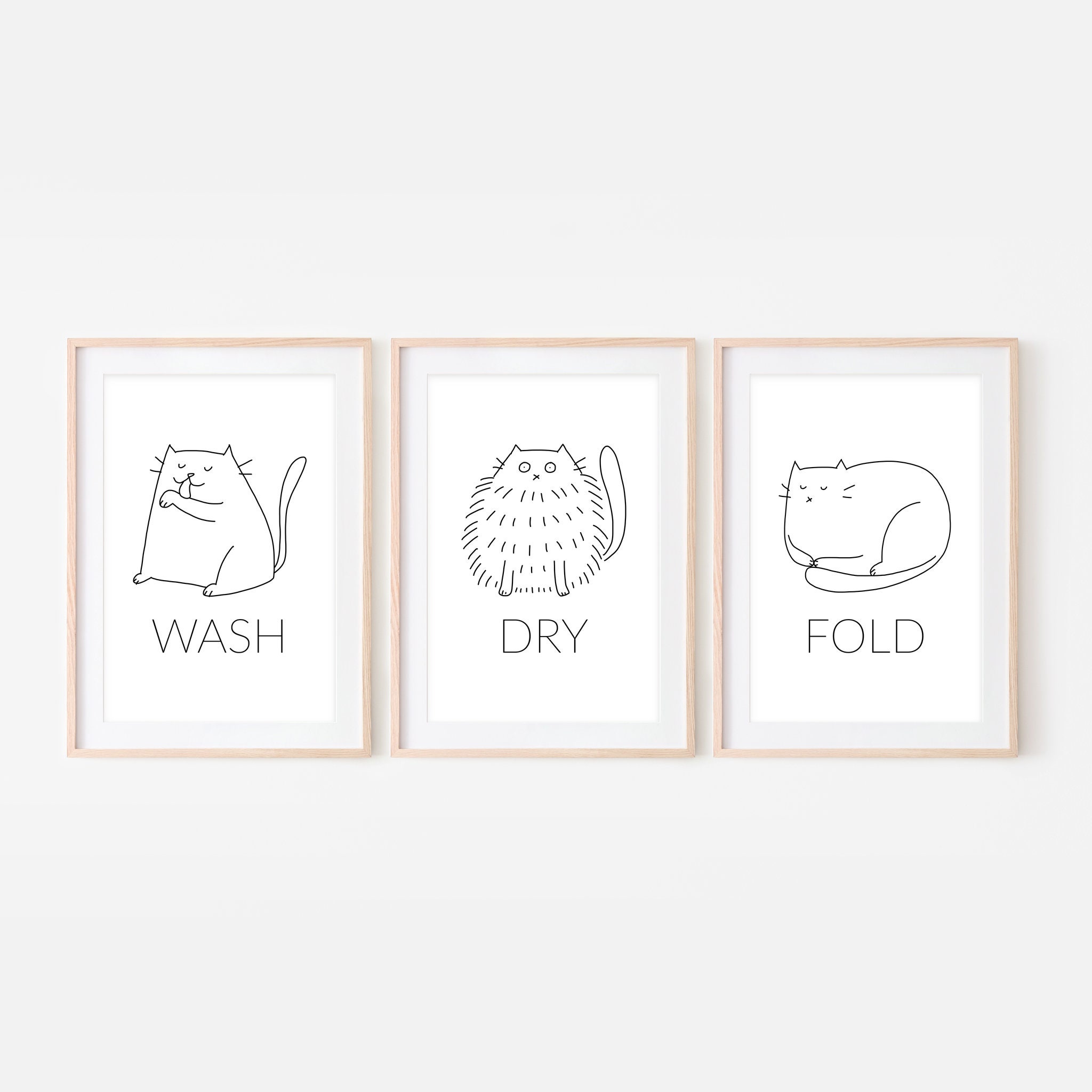 Set of 3 White Cat Funny Laundry Room Decor, Wash Dry Fold Signs ...