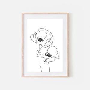 Poppy Line Art Printable, Minimalist Poppy Flower Wall Art, Floral Sketch Drawing, Black and White Downloadable Print, Boho Nature Decor