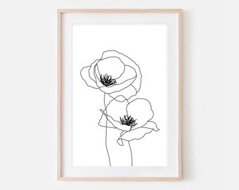 Poppy Line Art Printable, Minimalist Poppy Flower Wall Art, Floral Sketch Drawing, Black and White Downloadable Print, Boho Nature Decor