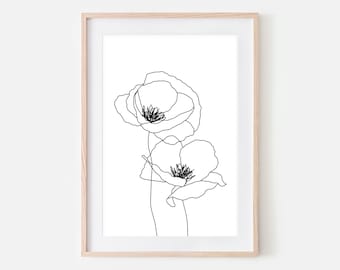 Poppy Line Art Printable, Minimalist Poppy Flower Wall Art, Floral Sketch Drawing, Black and White Downloadable Print, Boho Nature Decor