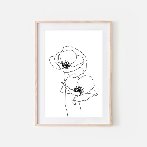 Poppy Line Art Printable, Minimalist Poppy Flower Wall Art, Floral Sketch Drawing, Black and White Downloadable Print, Boho Nature Decor