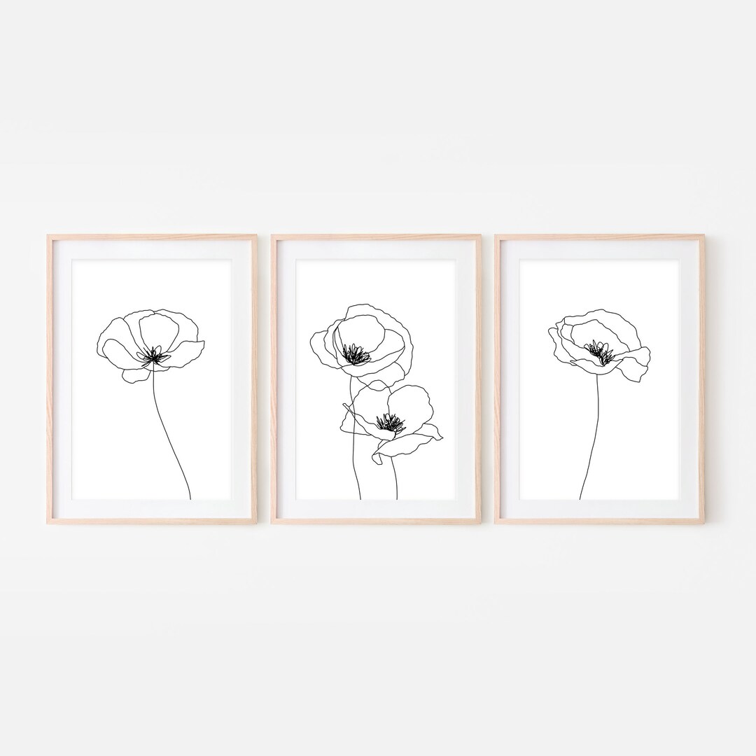 Set of 3 Poppy Wall Art Printable Download, Minimalist Flower Line ...