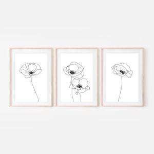 3er Set Mohnblumen Wand Kunst druckbare Download, minimalistische Blumen Linie Zeichnung, florale schwarz und weiß Drucke, große Natur Boho über dem Bett Dekor