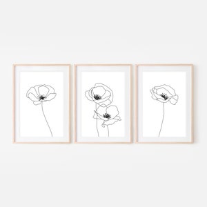 Set of 3 Poppy Wall Art Printable Download, Minimalist Flower Line Drawing, Floral Black and White Prints, Large Nature Boho Above Bed Decor