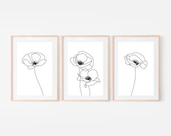 Set of 3 Poppy Wall Art Printable Download, Minimalist Flower Line Drawing, Floral Black and White Prints, Large Nature Boho Above Bed Decor