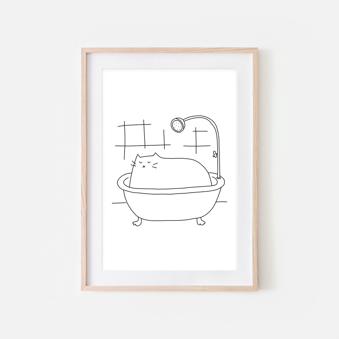 White Cat Bath Art, Funny Bathroom Wall Decor, Cute Restroom Print, Fun ...