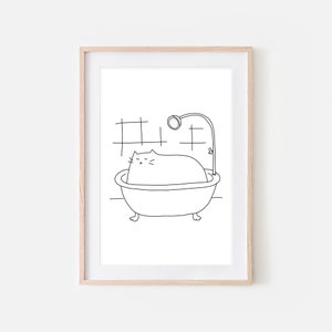 White Cat Bath Art, Funny Bathroom Wall Decor, Cute Restroom Print, Fun Black and White Line Drawing, Large Printable, Digital Download
