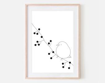 Bird on Branch Wall Art Printable, Minimalist Line Drawing, Large Black and White Print, Nature Sketch, Simple Decor, Digital Downloadable