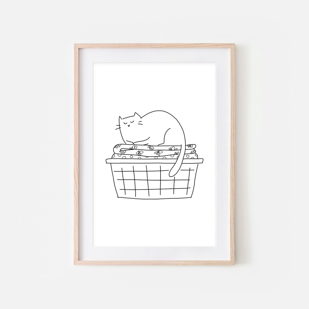 White Cat Funny Laundry Room Decor, Cute Cat in Folded Clothes Basket ...