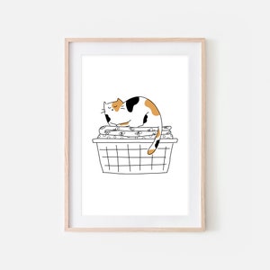 Calico Cat Funny Laundry Room Decor, Cute Cat in Folded Clothes Basket Wall Art, Bathroom Print, Line Drawing, Printable Digital Download