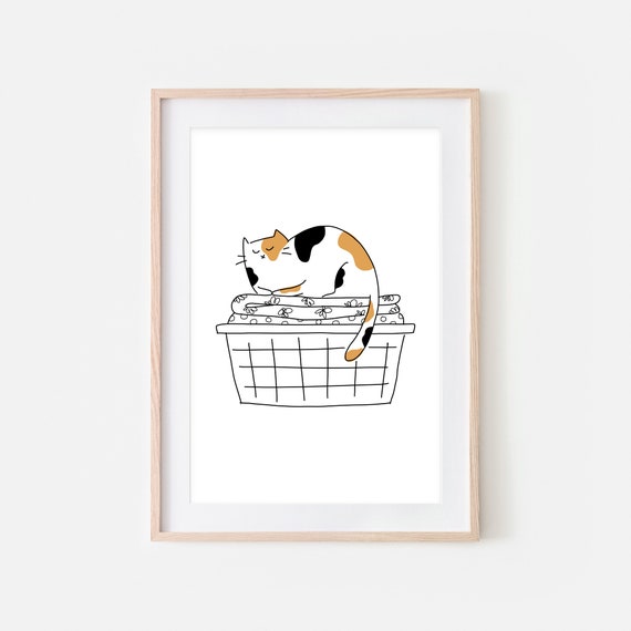 Calico Cat Funny Laundry Room Decor, Cute Cat in Folded Clothes