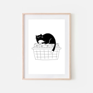Tuxedo Cat Divertente Lavanderia Arredamento, Simpatico Gatto nell'Arte della Parete del Cesto di Vestiti Piegati, Stampa del Bagno, Disegno in Bianco e Nero, Download Stampabile