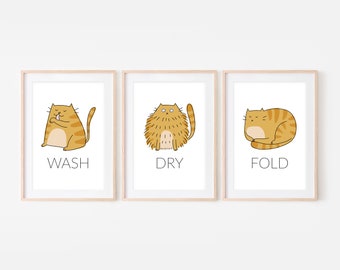 Set of 3 Orange Tabby Cat Funny Laundry Room Decor, Wash Dry Fold Signs, Bathroom Wall Art, Utility Room Prints, Printable Digital Download